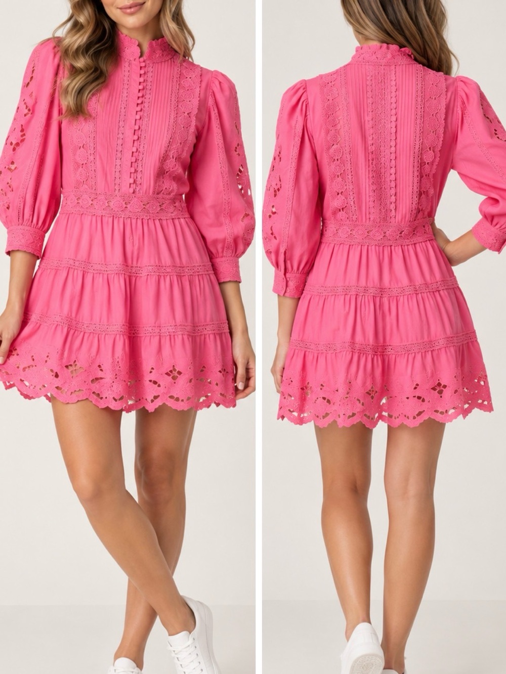 Alice + Olivia Clark Pink Embroidered Crochet Lace Tiered Mini Dress